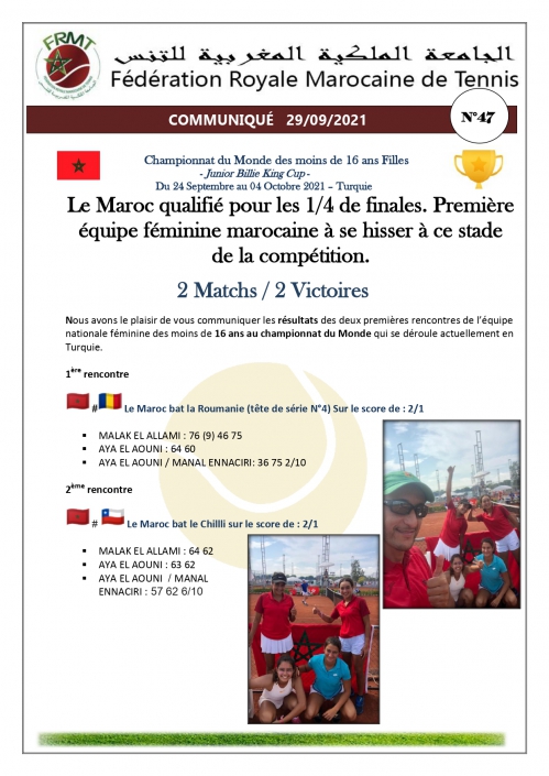 COMMUNIQUE RESULTATS CHAMPIONNAT DU U16 N°47