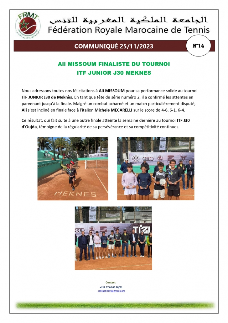 Ali Missoum Finaliste du Tournoi ITF Junior J30 Meknes
